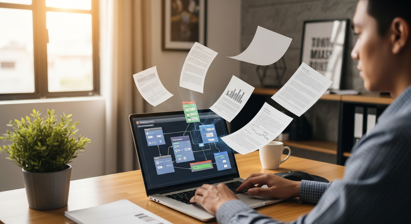 Small business office with laptop showing automation workflows and papers floating away